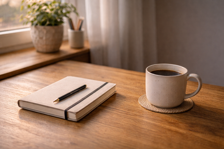 Escritorio ordenado con un cuaderno cerrado, una lapicera y una taza de café