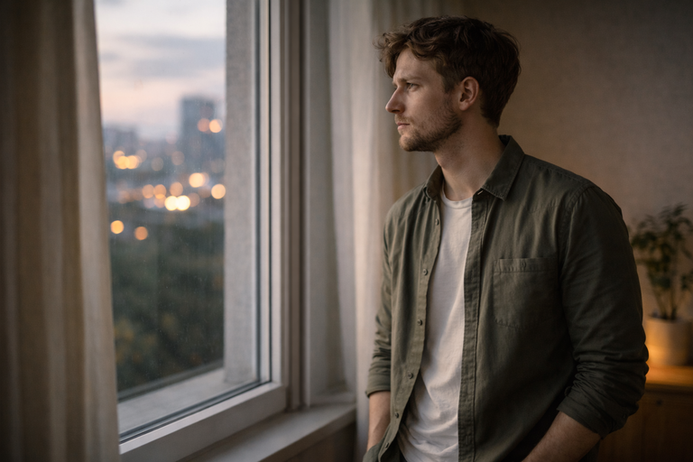 Hombre junto a la ventana al atardecer, mirando las luces de la ciudad