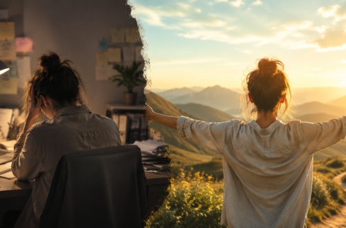 Contraste entre una mujer agotada en su escritorio y la misma mujer con los brazos abiertos frente a un amanecer en las montañas