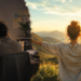 Contraste entre una mujer agotada en su escritorio y la misma mujer con los brazos abiertos frente a un amanecer en las montañas