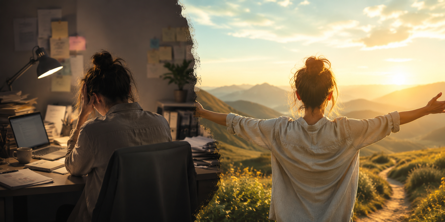 Contraste entre una mujer agotada en su escritorio y la misma mujer con los brazos abiertos frente a un amanecer en las montañas