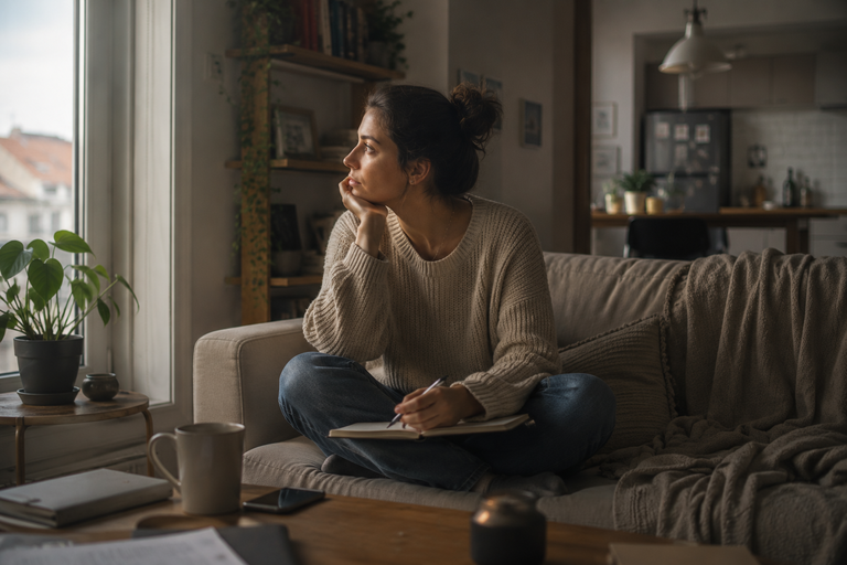 Mujer sentada en el sillón con un cuaderno en la falda, mirando por la ventana mientras piensa