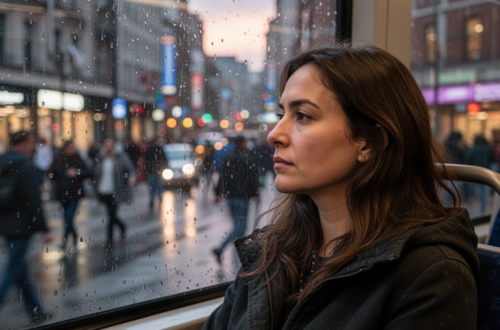 Mujer mirando por la ventanilla del transporte en un día de lluvia, pensando qué hacer con su vida