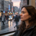 Mujer mirando por la ventanilla del transporte en un día de lluvia, pensando qué hacer con su vida