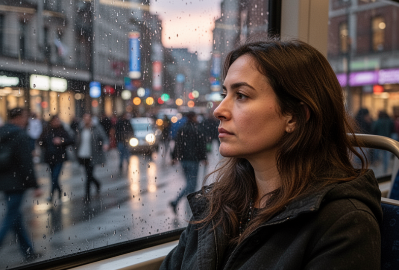 Mujer mirando por la ventanilla del transporte en un día de lluvia, pensando qué hacer con su vida
