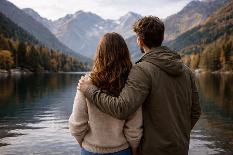 Pareja de espaldas frente a un lago de montaña, mirando el horizonte