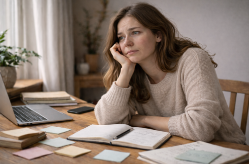 Mujer rodeada de notas y cuadernos abiertos, con mil ideas y sin saber por dónde empezar