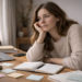 Mujer rodeada de notas y cuadernos abiertos, con mil ideas y sin saber por dónde empezar