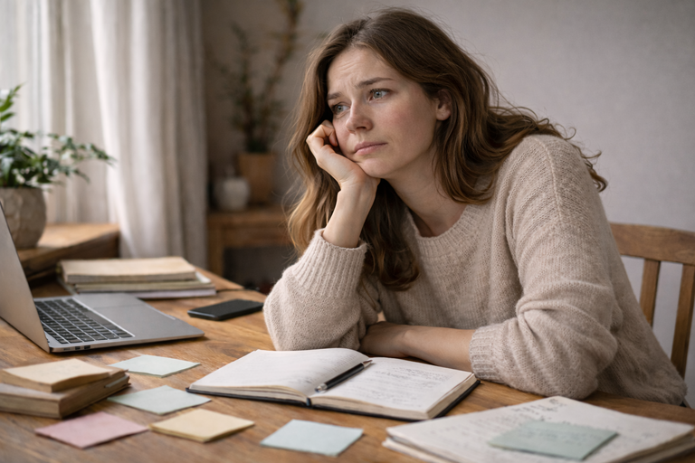 Mujer rodeada de notas y cuadernos abiertos, con mil ideas y sin saber por dónde empezar