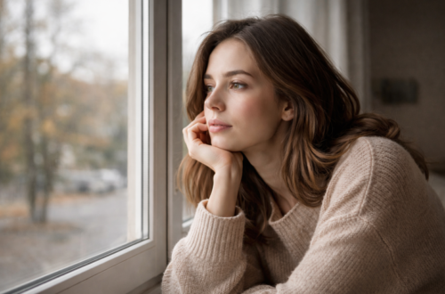 Mujer apoyada en la ventana mirando los árboles de otoño, con la mano en el mentón