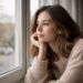 Mujer apoyada en la ventana mirando los árboles de otoño, con la mano en el mentón
