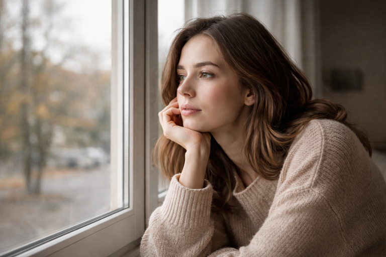 Mujer apoyada en la ventana mirando los árboles de otoño, con la mano en el mentón