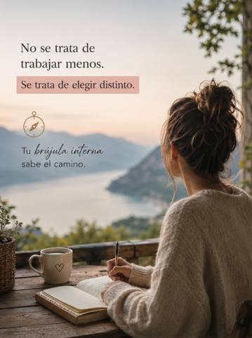 Mujer escribiendo en su cuaderno frente a un lago al atardecer, con el texto «No se trata de trabajar menos, se trata de elegir distinto»