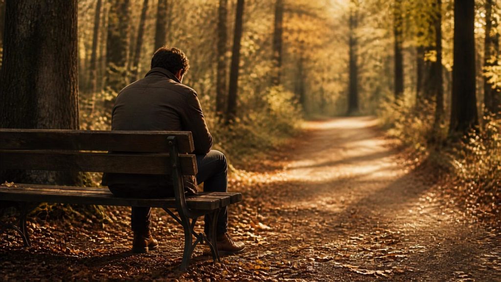 Hombre sentado solo en un banco en un bosque otoñal, encontrando calma después de soltar la comparación