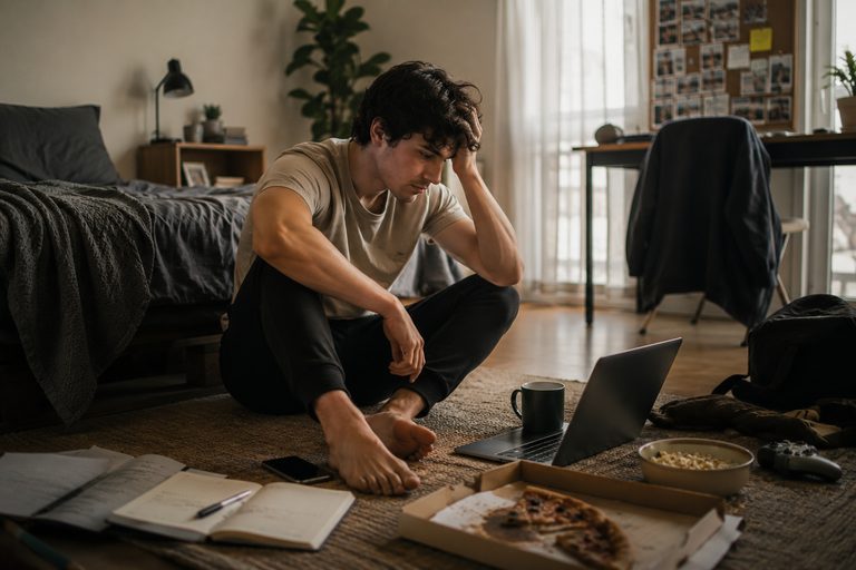 Hombre sentado en el piso rodeado de notebooks y laptop, sintiendo que ya probé de todo y nada cambia