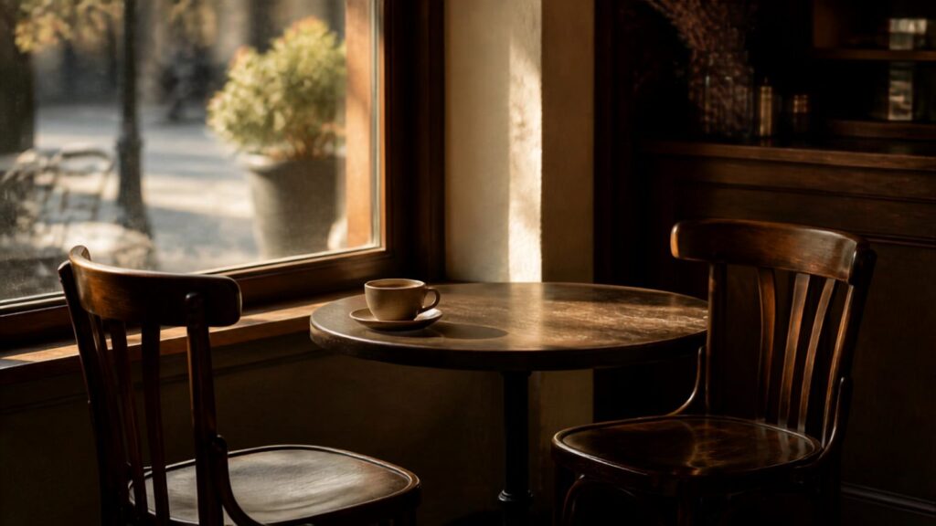 Mesa de café vacía con una sola taza, en un momento de pausa mientras el plan se complica