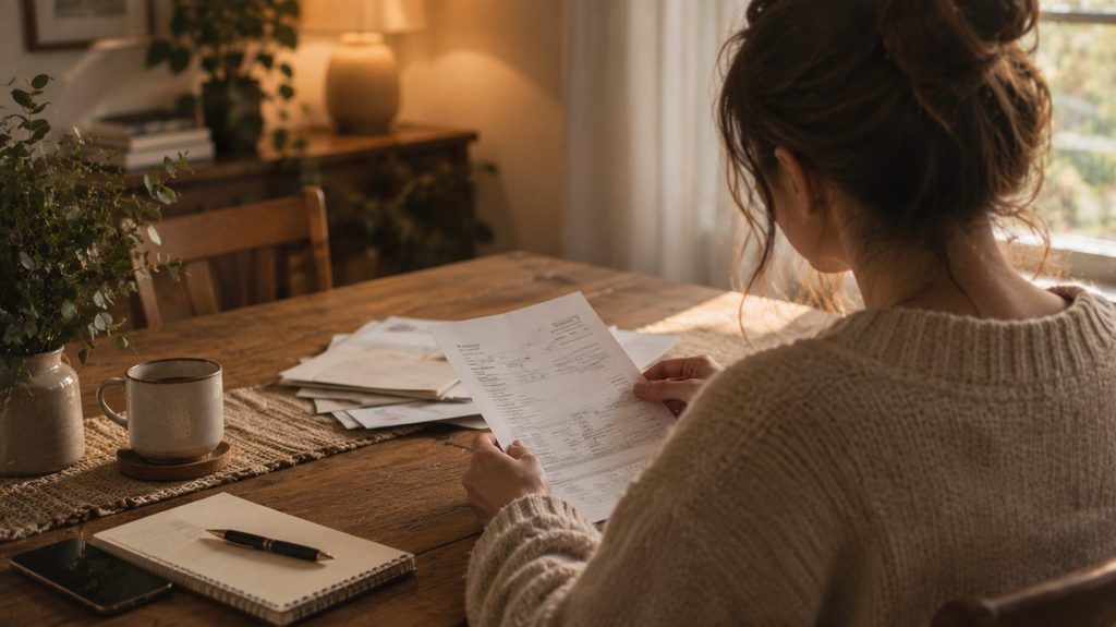 Mujer revisando papeles y facturas en la mesa, con la culpa por decisiones financieras que no tomó a tiempo