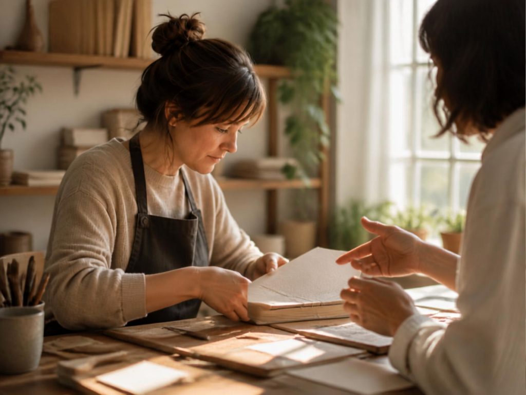 Dos mujeres conversando alrededor de un cuaderno, en una sesión de mentoría que dio la claridad que faltaba