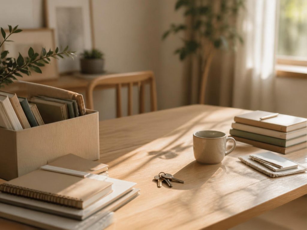 Escritorio de madera con cuadernos, una taza de café y llaves, con luz cálida