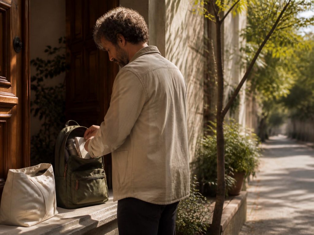 Hombre revisando su mochila en la puerta de calle antes de salir