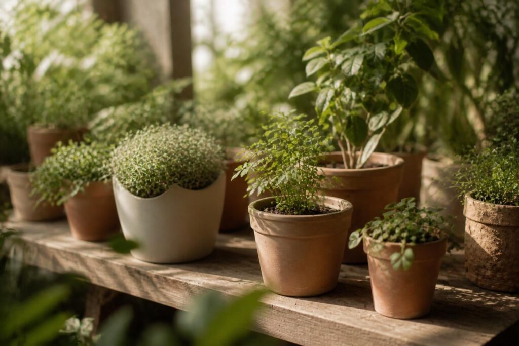 Detalle de macetas con distintas plantas creciendo sobre una repisa de madera