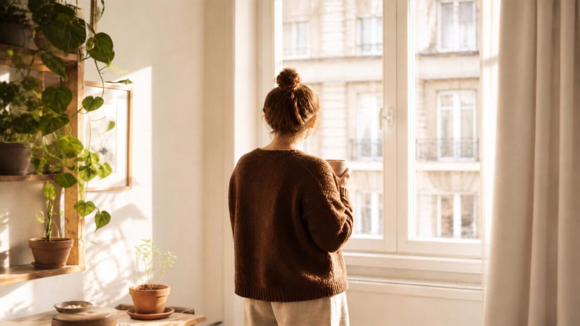 Mujer de espaldas mirando por la ventana con una taza de café en la mano
