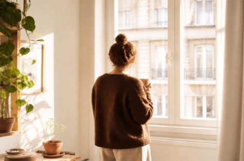 Mujer de espaldas mirando por la ventana con una taza de café en la mano