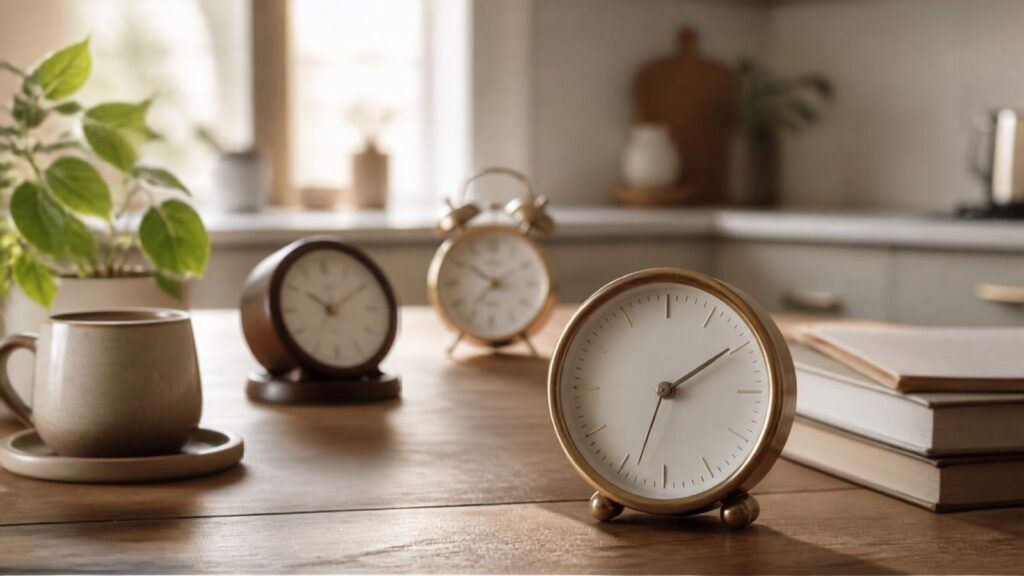 Varios relojes sobre un escritorio de madera junto a una taza de café